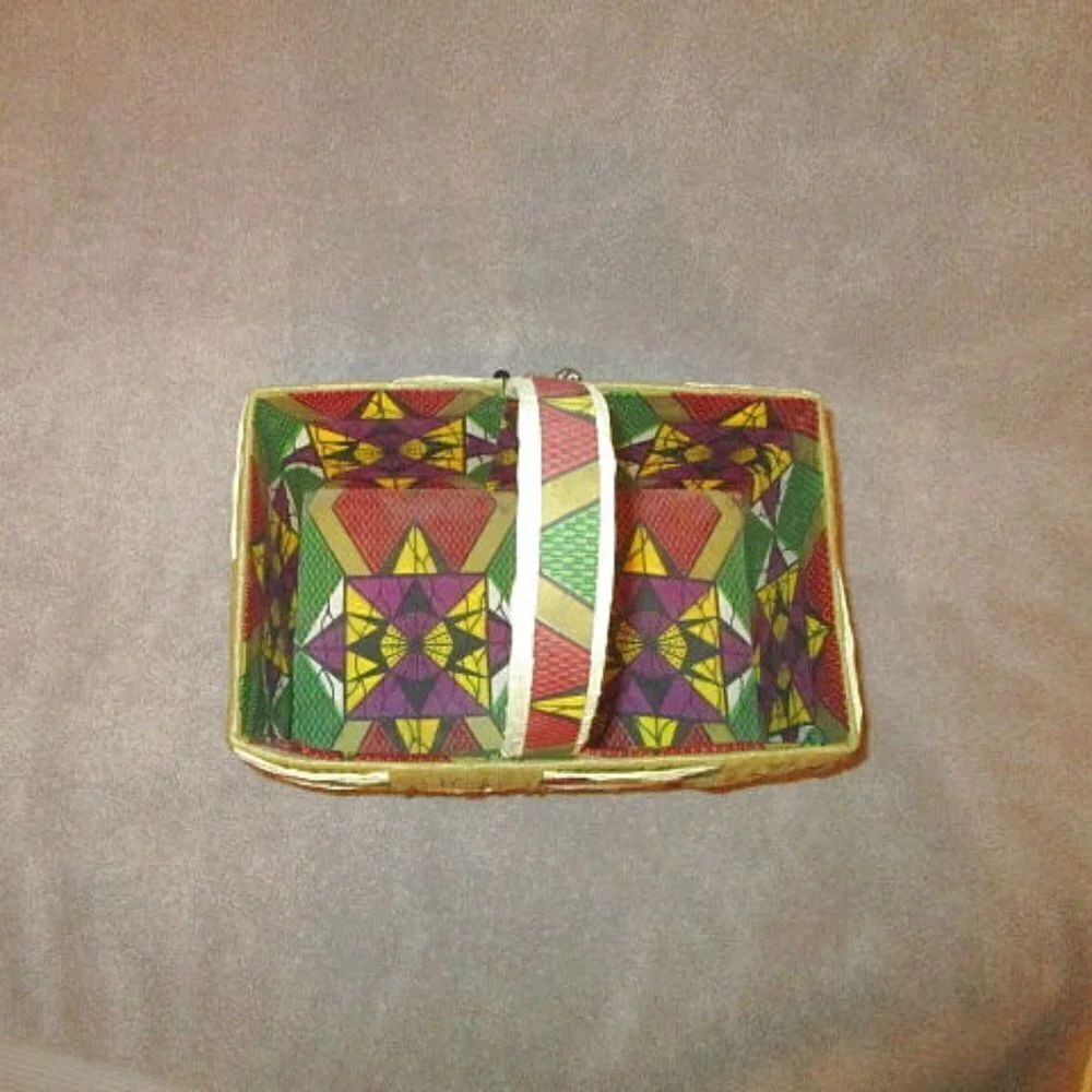 Vtg Time Crafters Basket Raffia Patchwork Beads Hand Woven Lined Colorful Boho